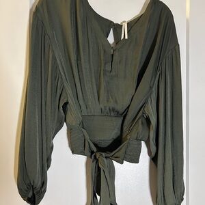 Anthropologie Deep Olive Blouse with Tie-Front